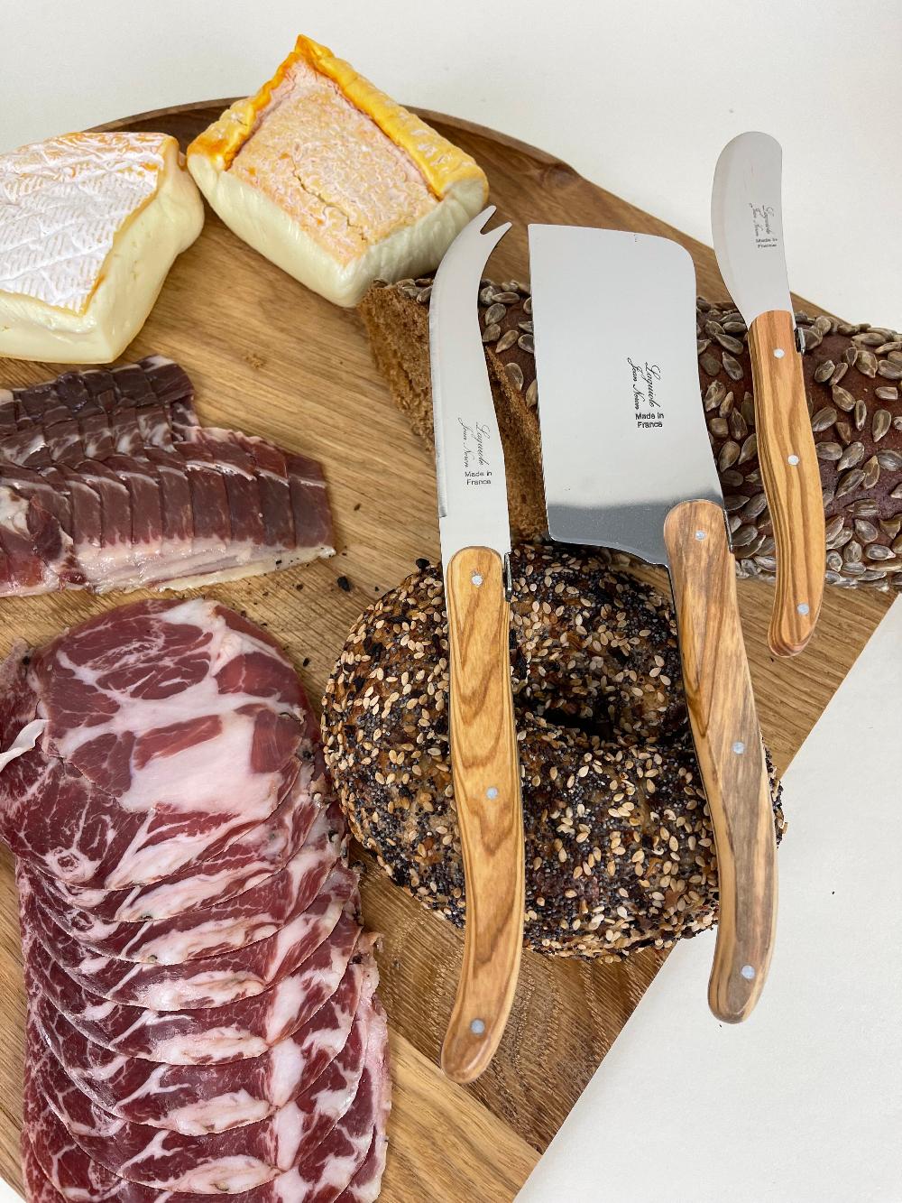 Be Home Laguiole 3 Piece Large Cheese Set Olive Wood In Wood Box With Acrylic Lid