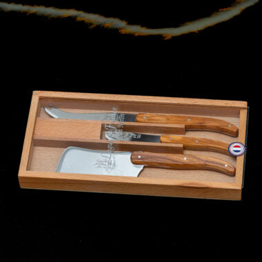 be home Laguiole 3 Piece Large Cheese Set Olive Wood in Wood Box with Acrylic Lid