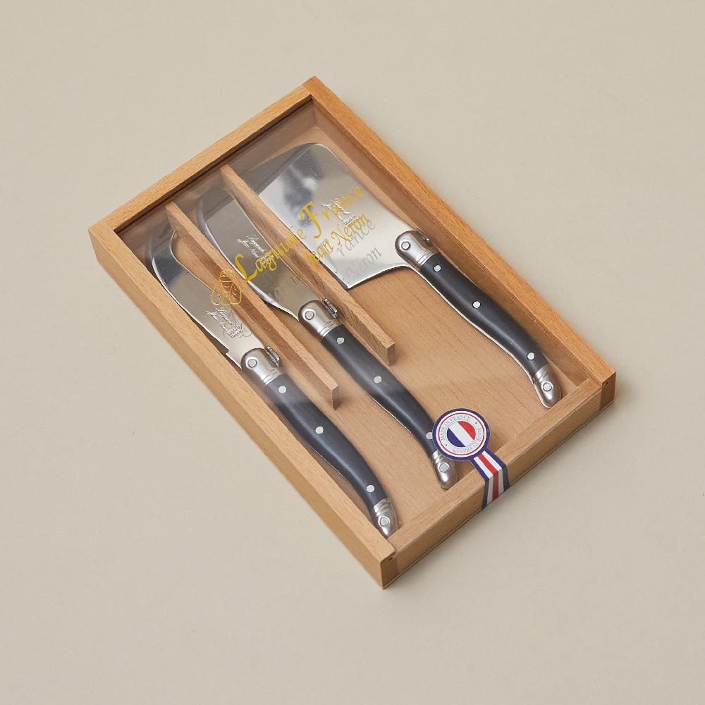 be home Laguiole 3 Piece Mini Cheese Utensil Set Black in Wood Box with Acrylic Lid