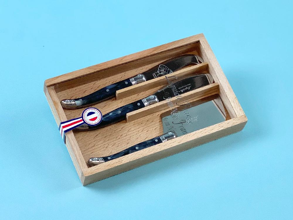 Be Home Laguiole 3 Piece Mini Cheese Utensil Set Black Marble In Wood Box With Acrylic Lid