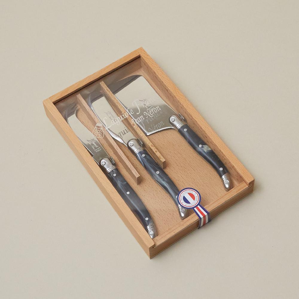 be home Laguiole 3 Piece Mini Cheese Utensil Set Black Marble in Wood Box with Acrylic Lid