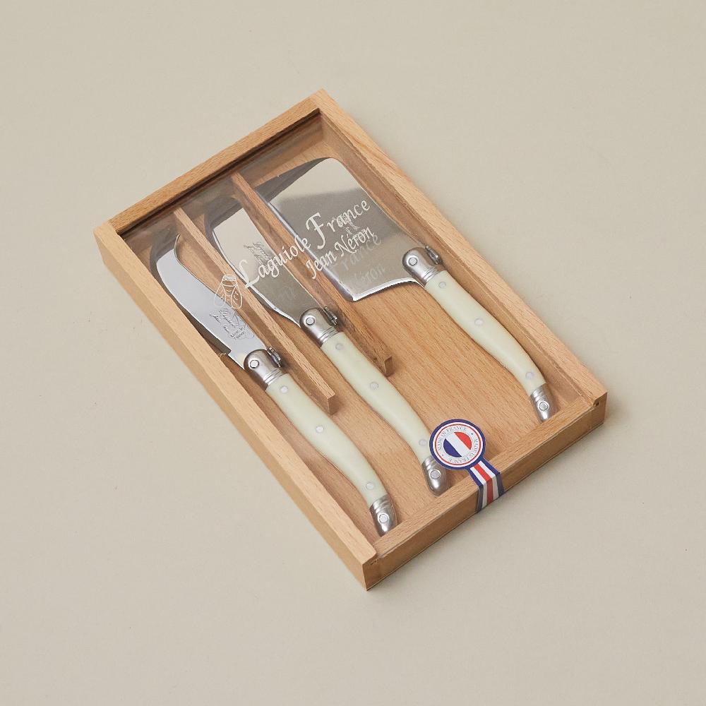 be home Laguiole 3 Piece Mini Cheese Utensil Set Ivory in Wood Box with Acrylic Lid