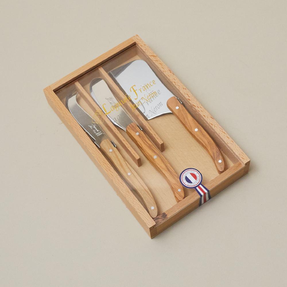 be home Laguiole 3 Piece Mini Cheese Utensil Set Olivewood in Wood Box with Acrylic Lid