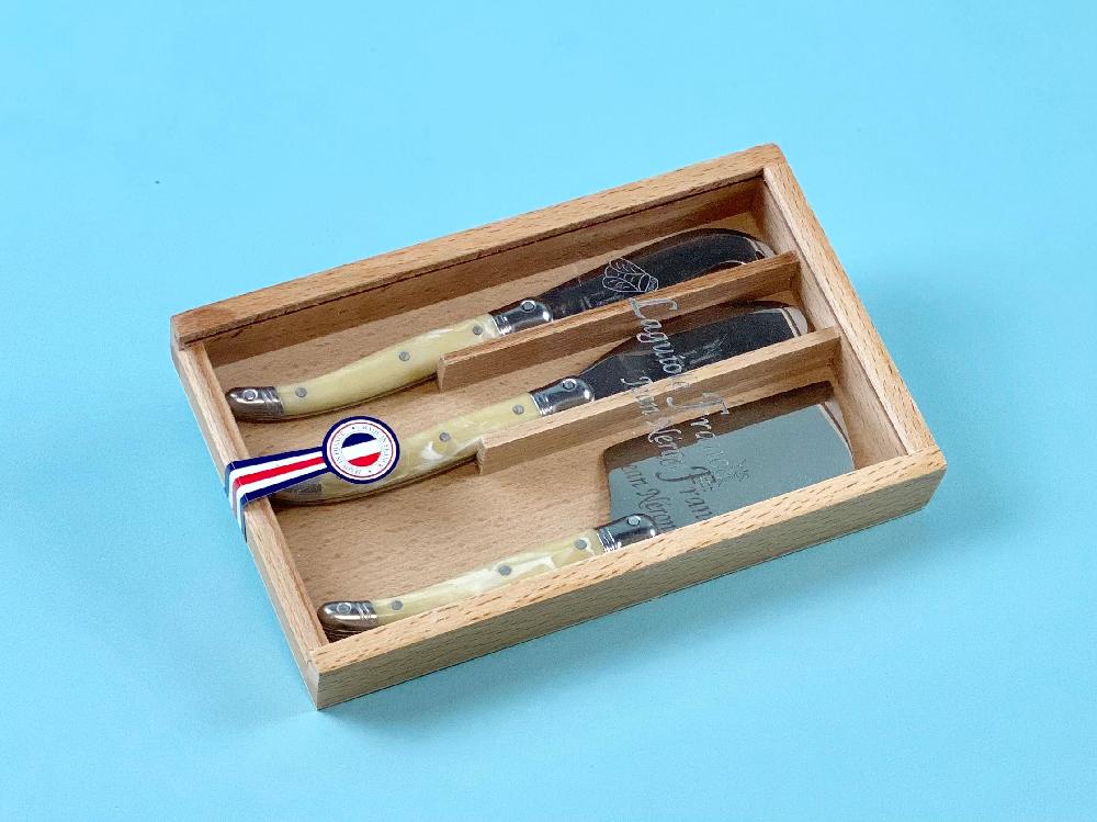 Be Home Laguiole 3 Piece Mini Cheese Utensil Set Pale Horn In Wood Box With Acrylic Lid