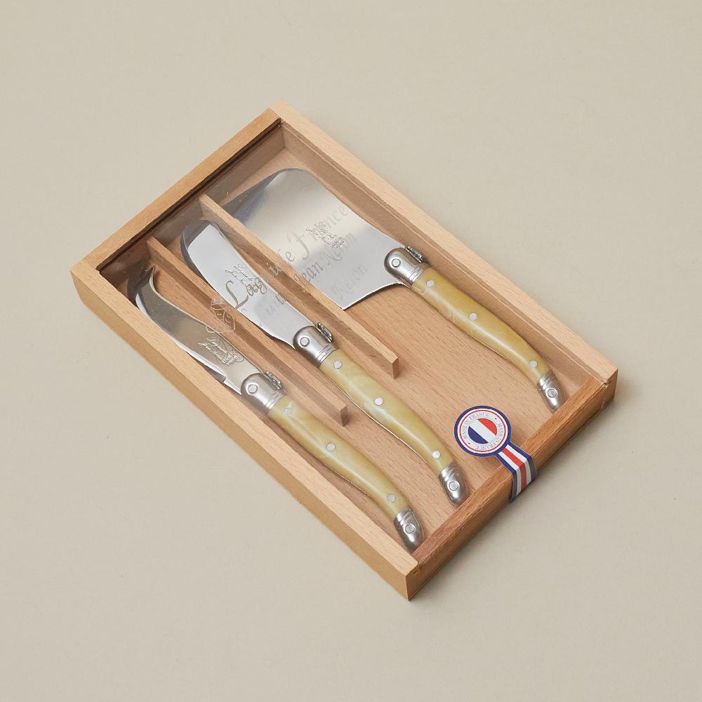 be home Laguiole 3 Piece Mini Cheese Utensil Set Pale Horn in Wood Box with Acrylic Lid