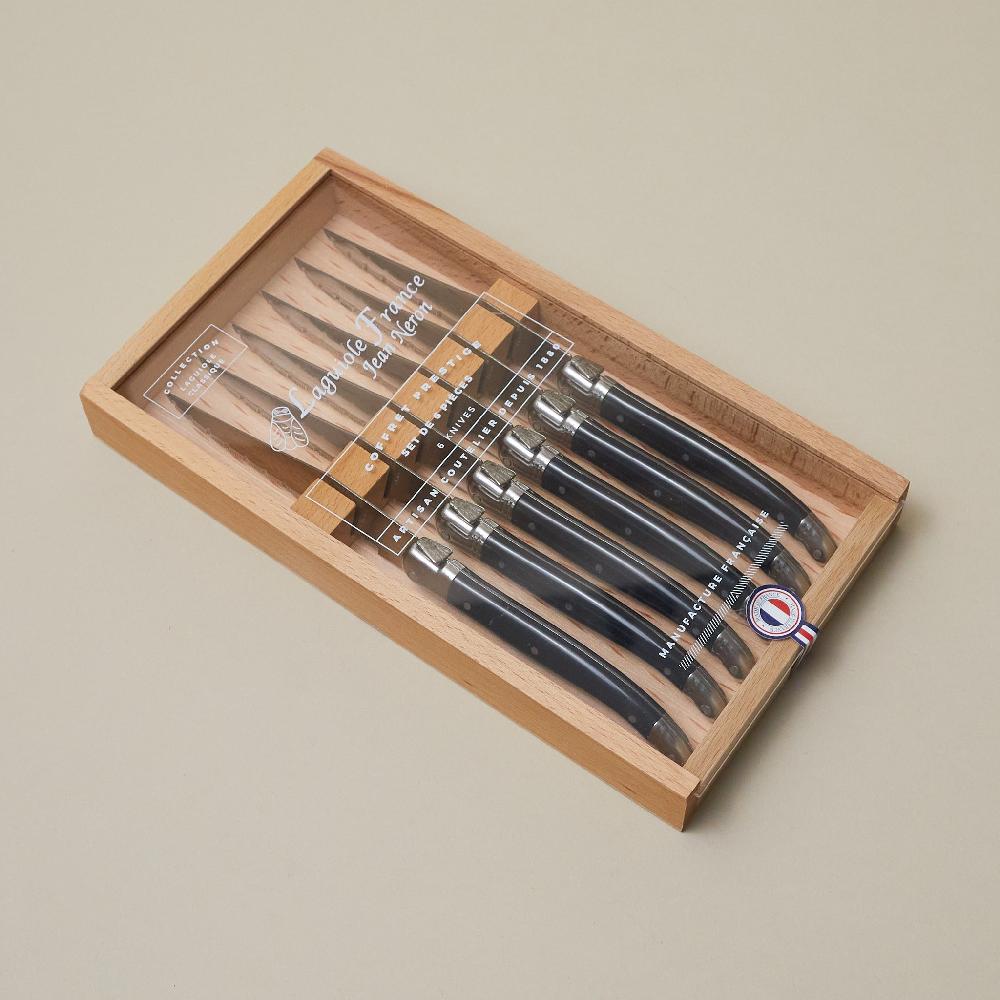 be home Laguiole 6 Piece Steak Knife Set Black in Wood Box with Acrylic Lid