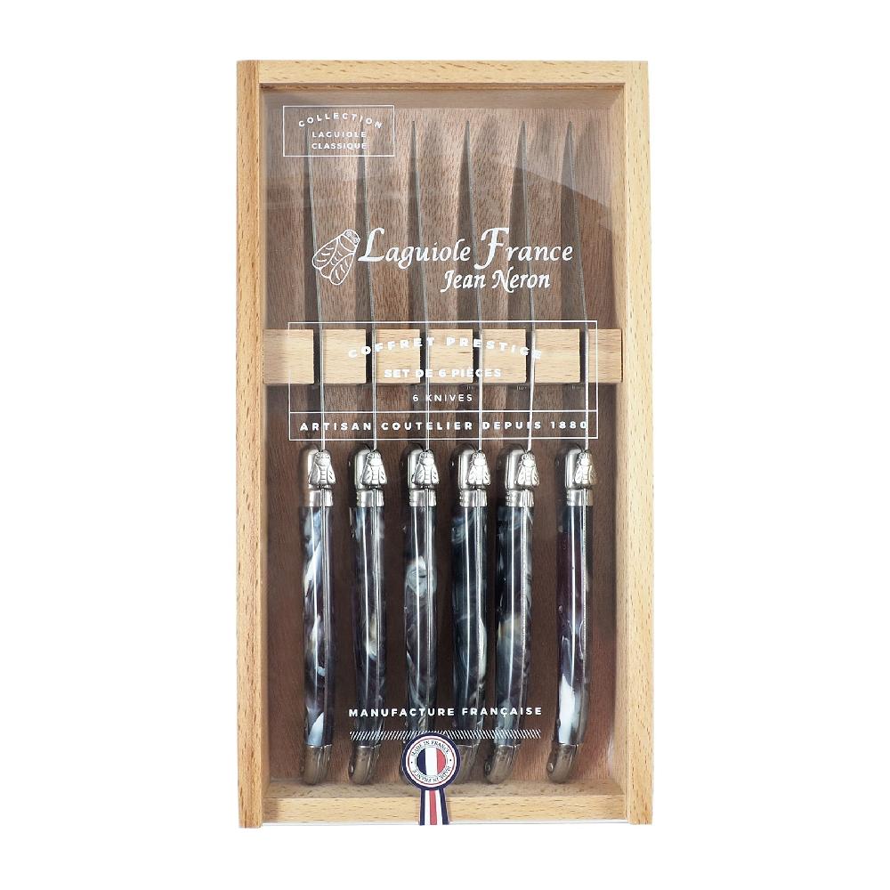be home Laguiole 6 Piece Steak Knife Set Black Marble in Wood Box with Acrylic Lid