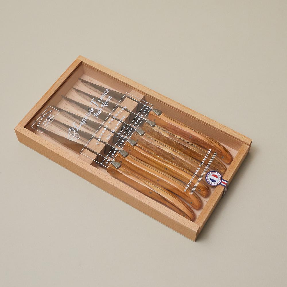 be home Laguiole 6 Piece Steak Knife Set Olivewood in Wood Box with Acrylic Lid