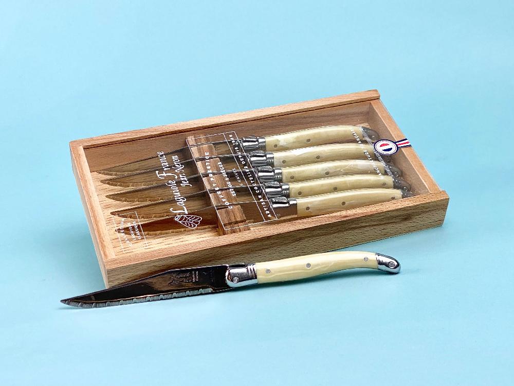 Be Home Laguiole 6 Piece Steak Knife Set Pale Horn In Wood Box With Acrylic Lid