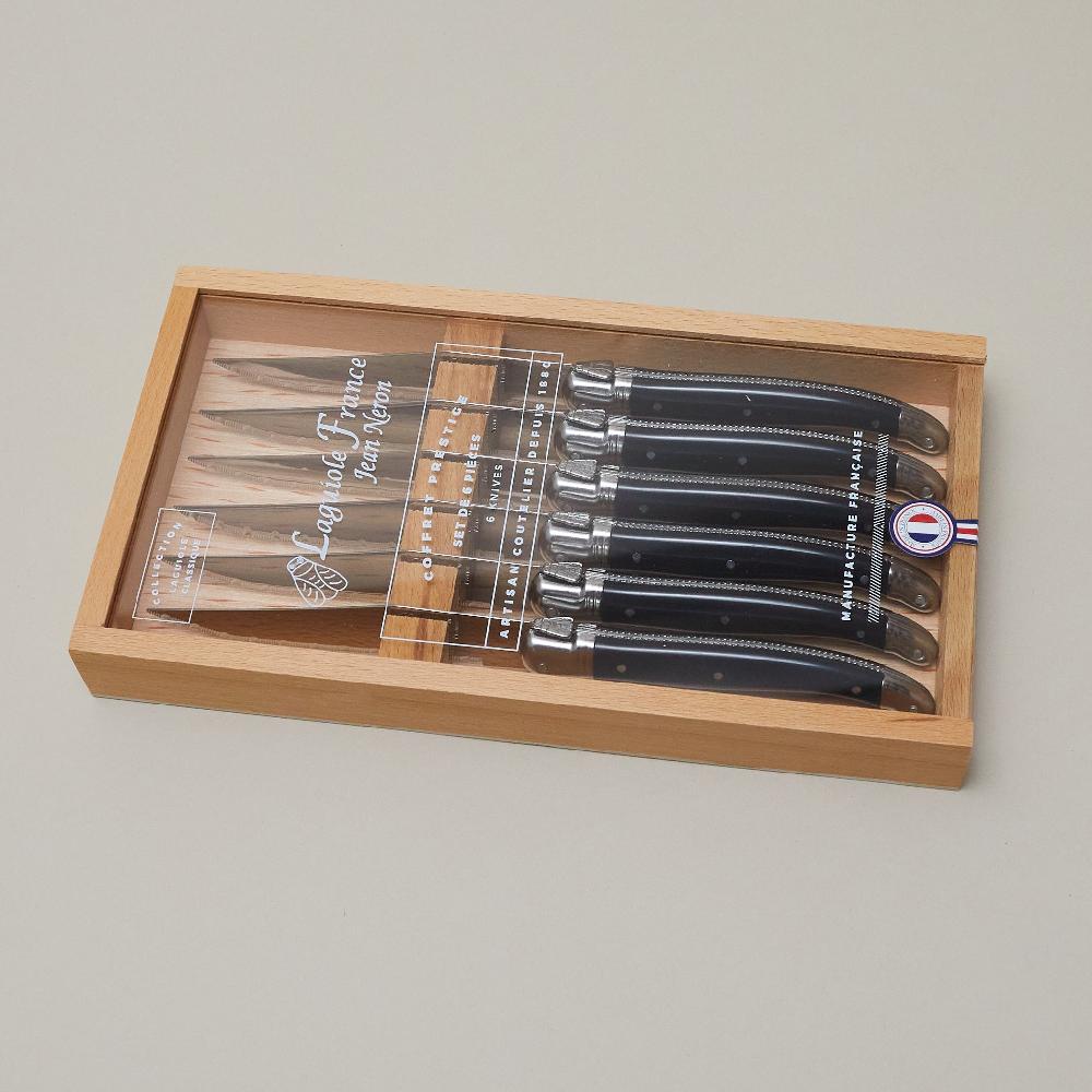 be home Laguiole 6 Piece Steak Knife Set Platine Black in Wood Box with Acrylic Lid