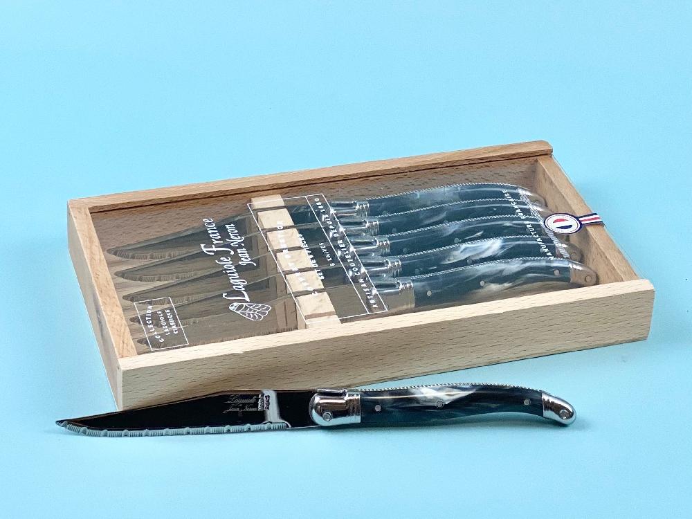 Be Home Laguiole 6 Piece Steak Knife Set Platine Black Marble In Wood Box With Acrylic Lid