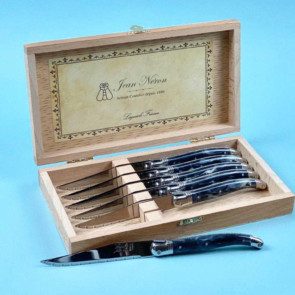 be home Laguiole 6 Piece Steak Knife Set Platine Black Marble in Wood Presentation Box