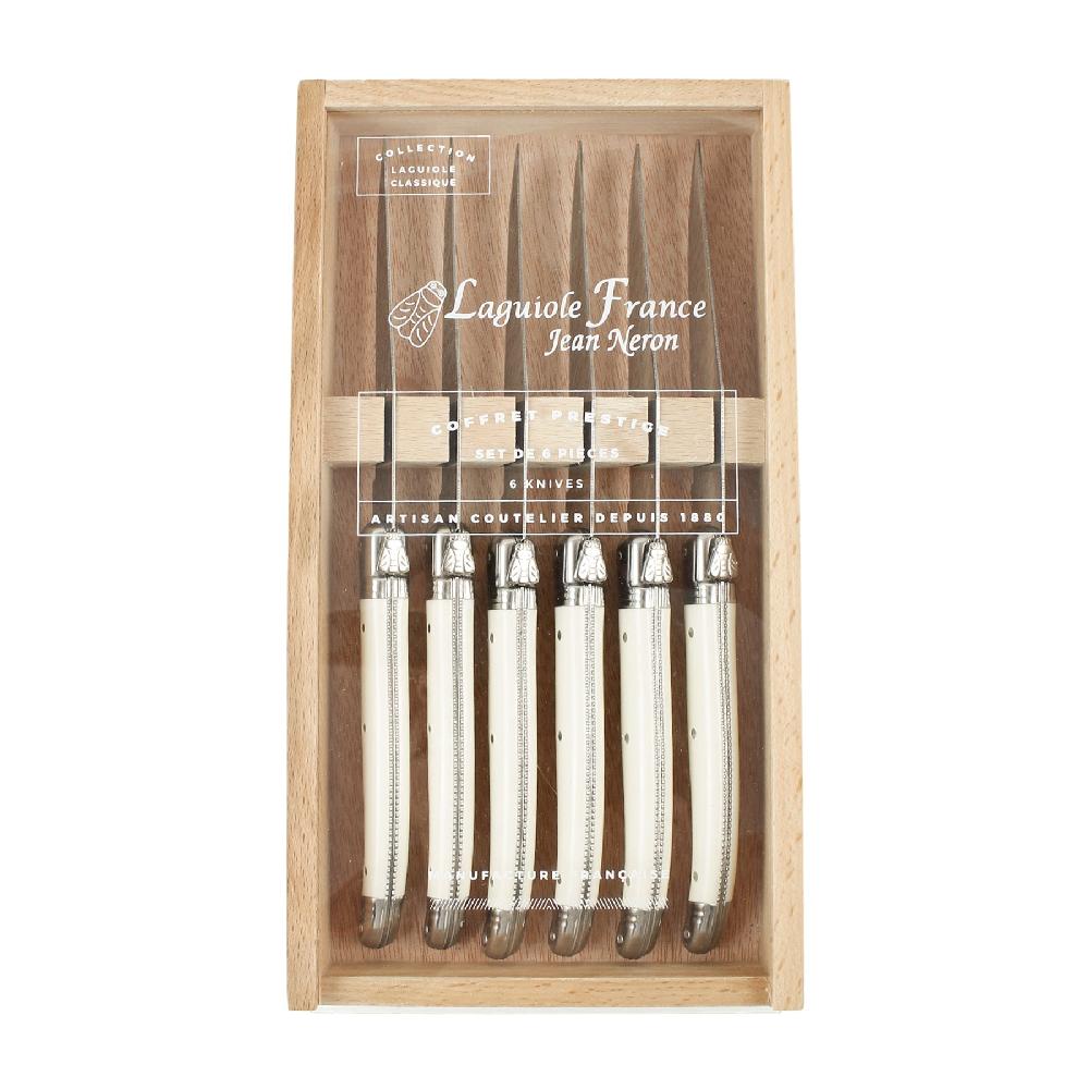 Be Home Laguiole 6 Piece Steak Knife Set Platine Ivory In Wood Box With Acrylic Lid