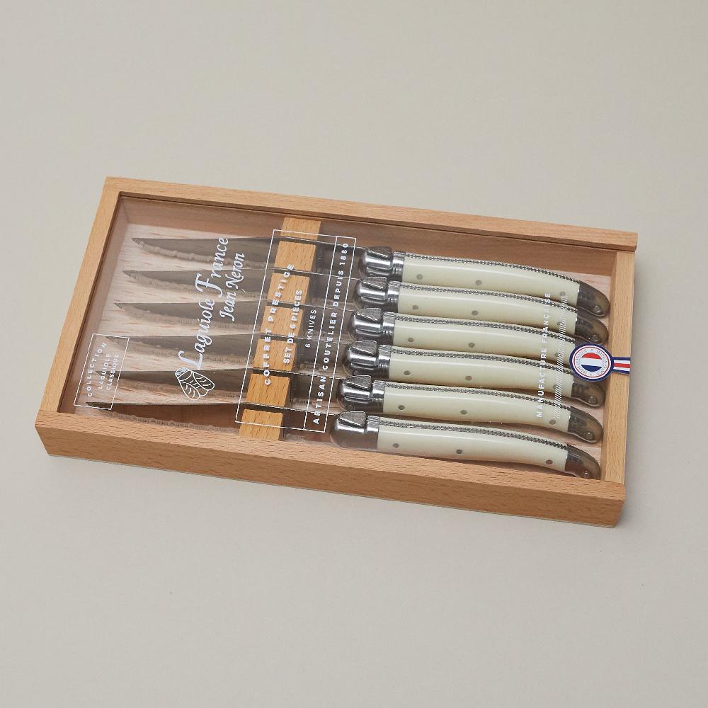be home Laguiole 6 Piece Steak Knife Set Platine Ivory in Wood Box with Acrylic Lid