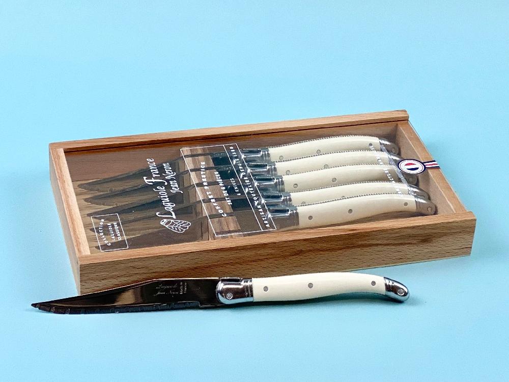 Be Home Laguiole 6 Piece Steak Knife Set Platine Ivory In Wood Box With Acrylic Lid
