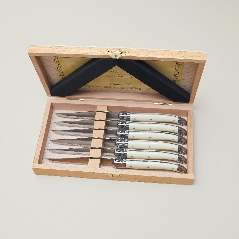 be home Laguiole 6 Piece Steak Knife Set Platine Ivory in Wood Presentation Box