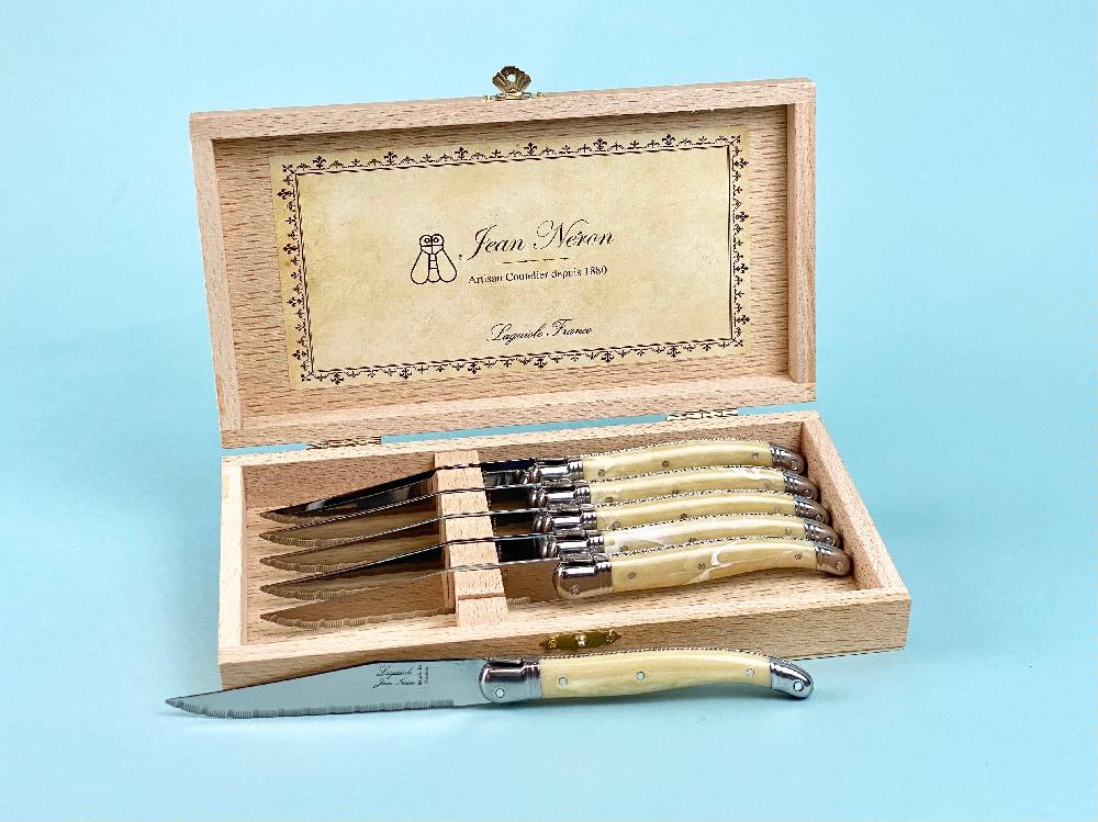 Be Home Laguiole 6 Piece Steak Knife Set Platine Pale Horn In Wood Presentation Box