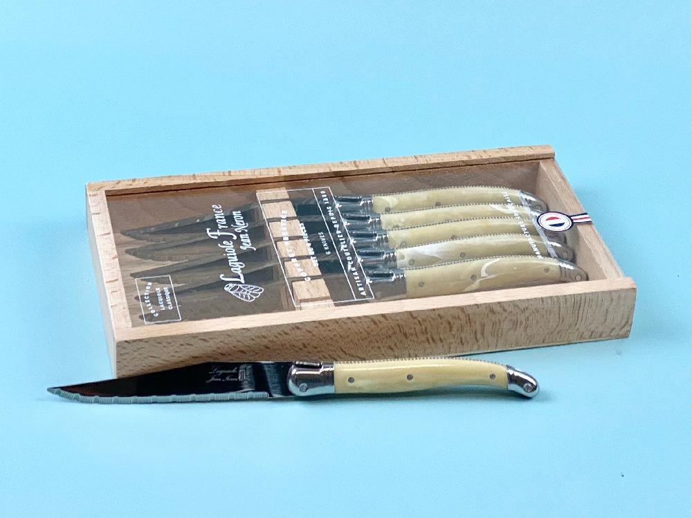 Be Home Laguiole 6 Piece Steak Knife Set Platine Pale Horn In Wood Box With Acrylic Lid