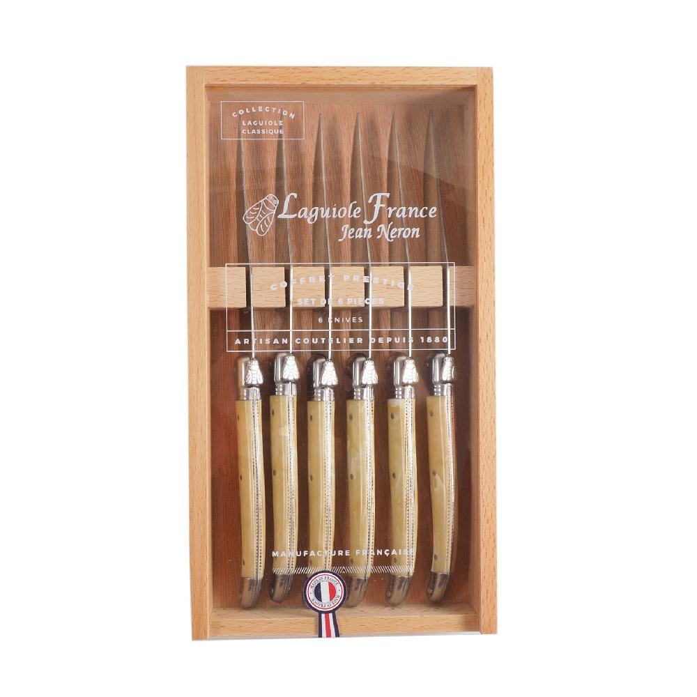 Be Home Laguiole 6 Piece Steak Knife Set Platine Pale Horn In Wood Box With Acrylic Lid
