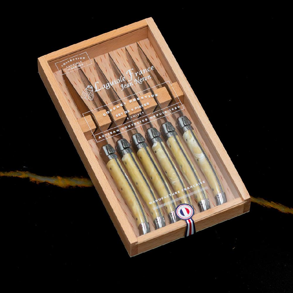 be home Laguiole 6 Piece Steak Knife Set Platine Pale Horn in Wood Box with Acrylic Lid