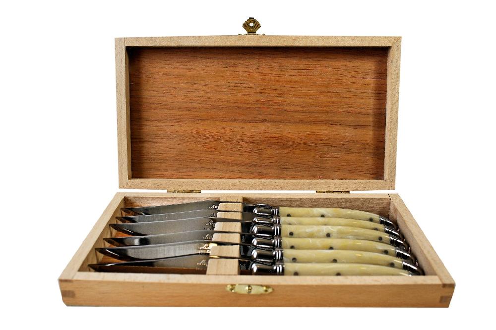 be home Laguiole 6 Piece Steak Knife Set Platine Pale Horn in Wood Presentation Box