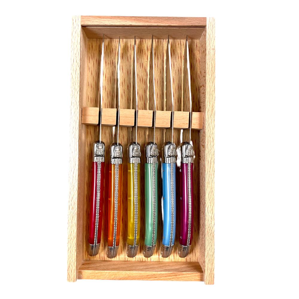 Be Home Laguiole 6 Piece Steak Knife Set Platine Rainbow In Wood Box With Acrylic Lid