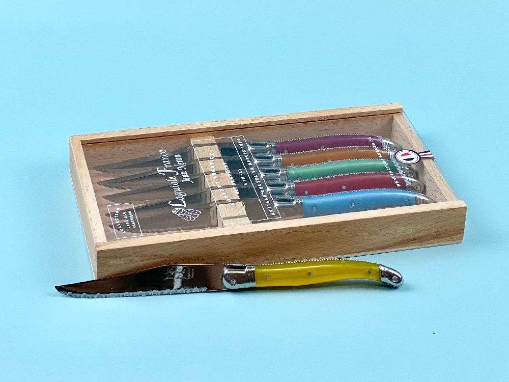 Be Home Laguiole 6 Piece Steak Knife Set Platine Rainbow In Wood Box With Acrylic Lid