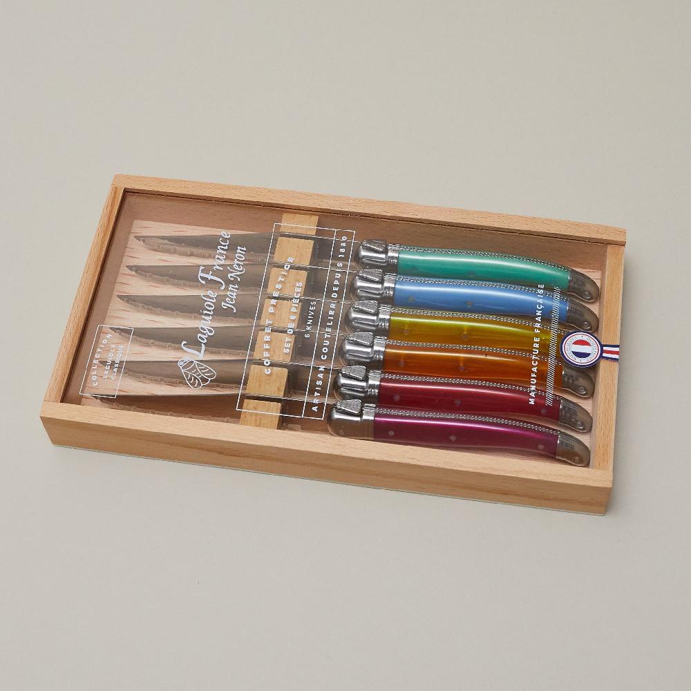 be home Laguiole 6 Piece Steak Knife Set Platine Rainbow in Wood Box with Acrylic Lid