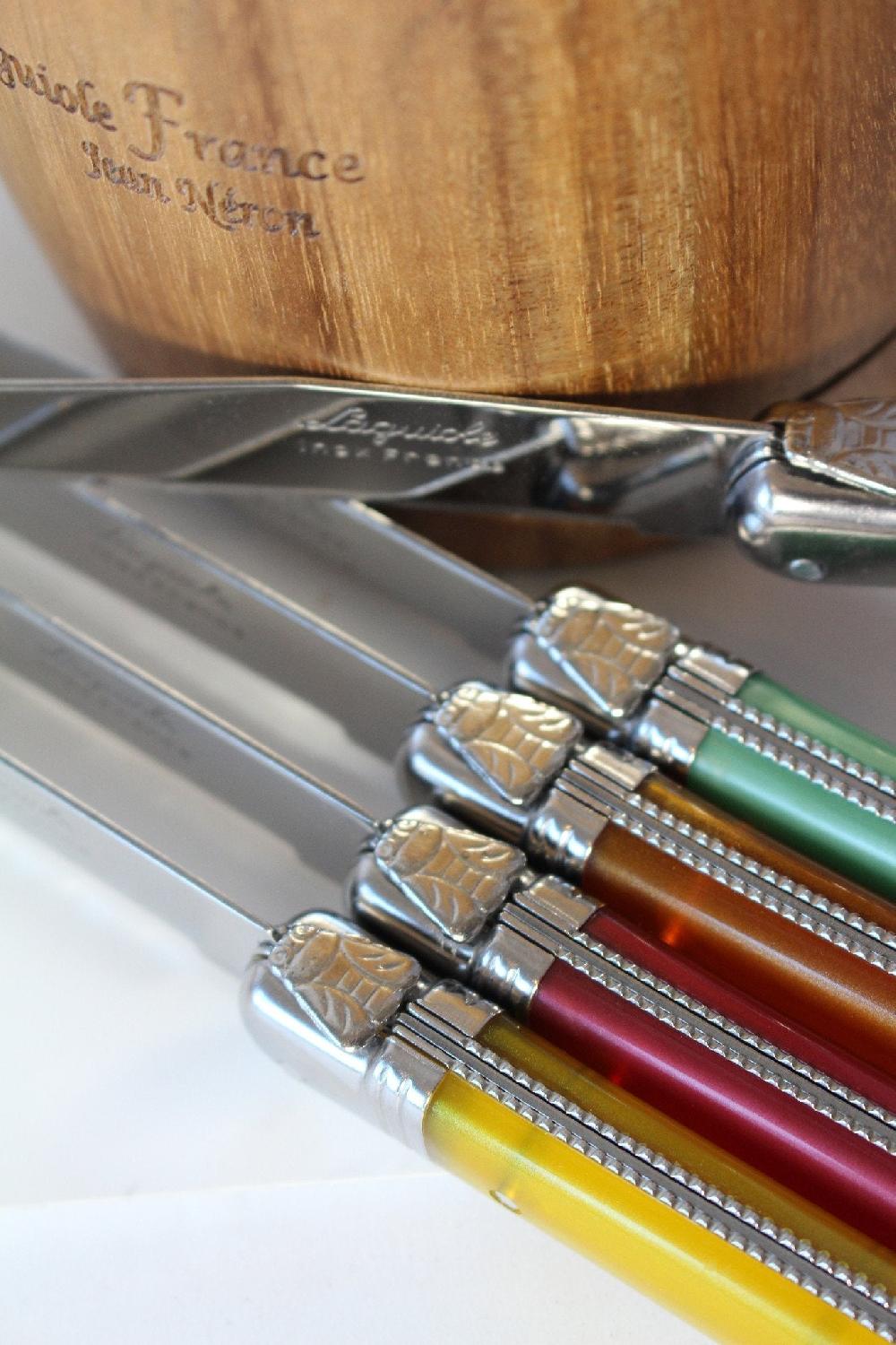 Be Home Laguiole 6 Piece Steak Knife Set Platine Rainbow In Wood Box With Acrylic Lid