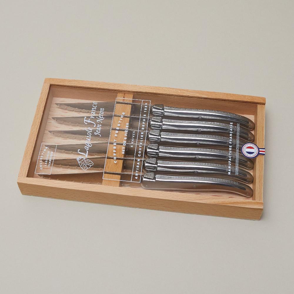 be home Laguiole 6 Piece Steak Knife Set Platine Stainless Steel in Wood Box with Acrylic Lid