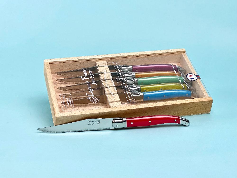 Be Home Laguiole 6 Piece Steak Knife Set Rainbow In Wood Box With Acrylic Lid