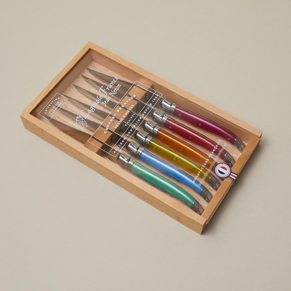 be home Laguiole 6 Piece Steak Knife Set Rainbow in Wood Box with Acrylic Lid