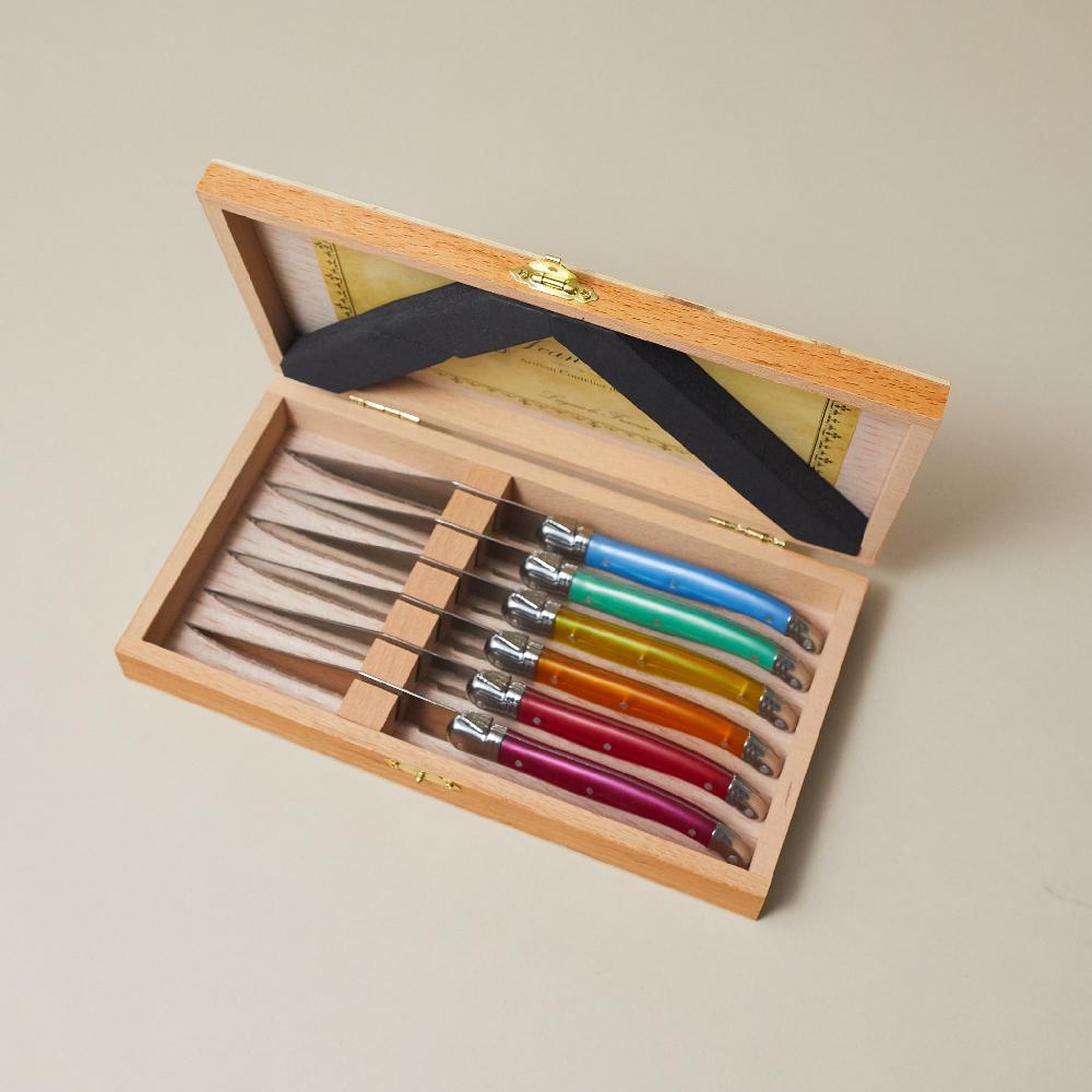 be home Laguiole 6 Piece Steak Knife Set Rainbow in Wood Presentation Box