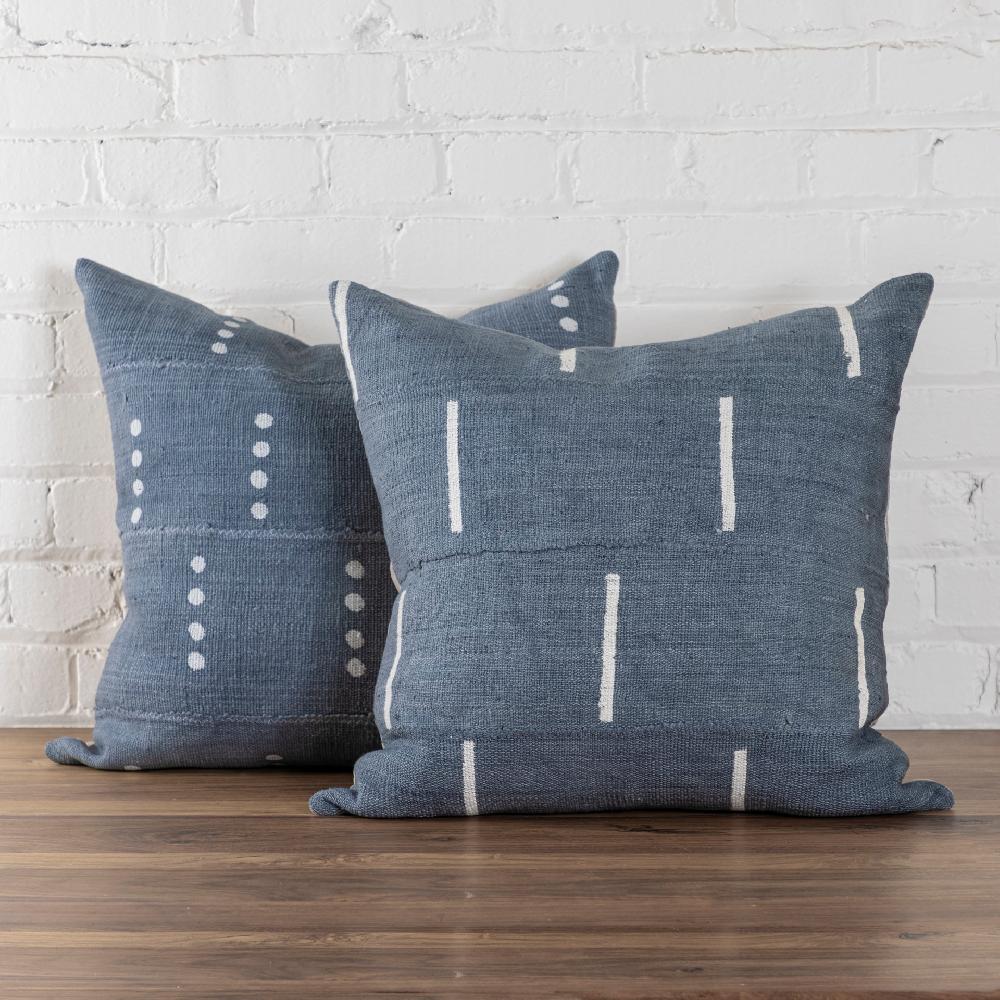 Be Home Mud Cloth Square Pillow Blue / Grey With Dash Pattern