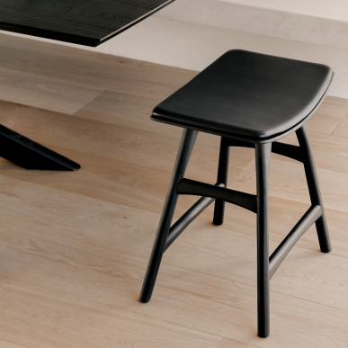 be home Osso Stool Varnished Oak Black with Black Leather Seat