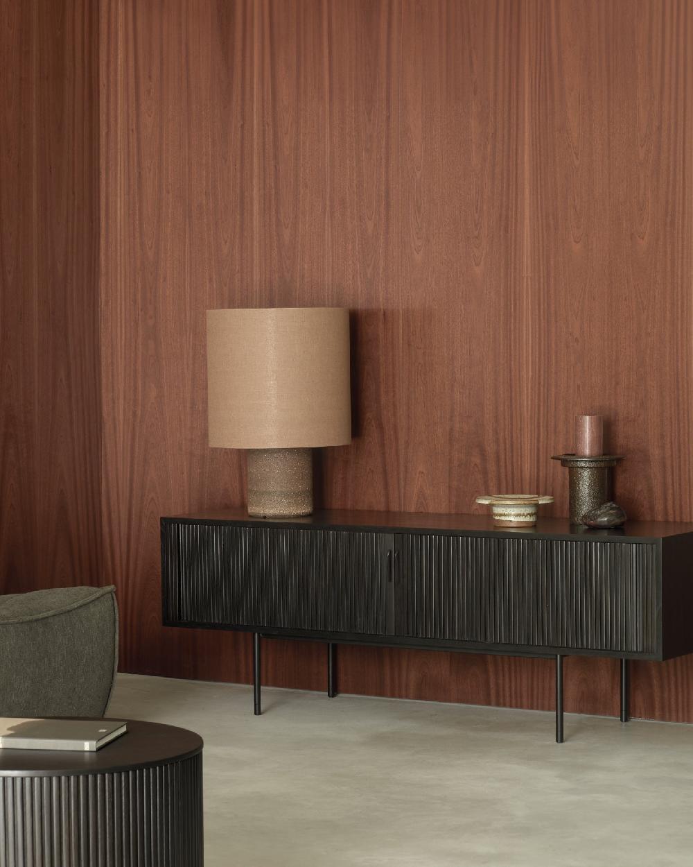 Be Home Roller Max TV Cupboard - Varnished Teak - Black - 2 Sliding Doors - 1 Inside Drawer