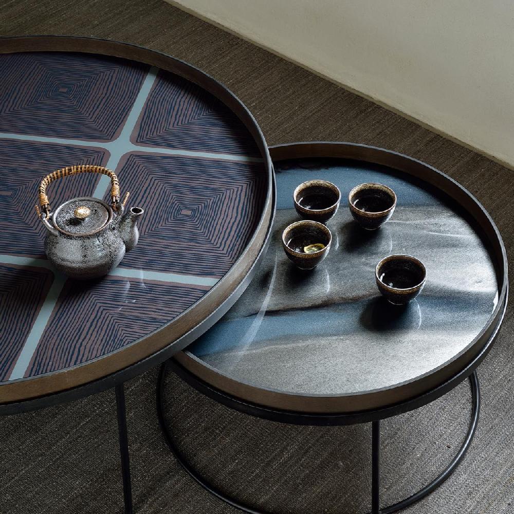 Be Home Round Glass Linear Squares Tray Slate Extra Large