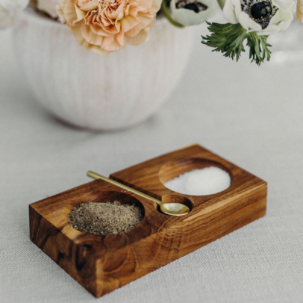 Be Home Teak Plank Salt & Pepper Cellar With Gold Spoon