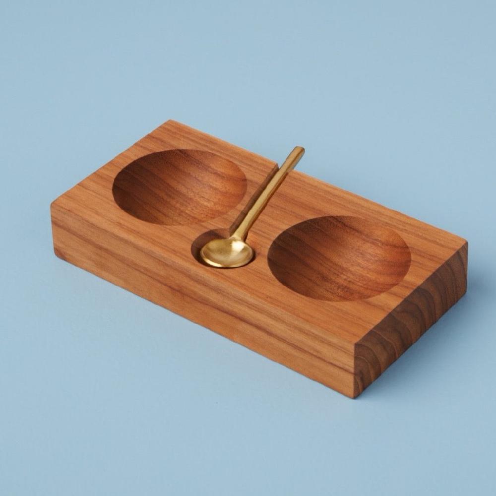 Be Home Teak Plank Salt & Pepper Cellar With Gold Spoon