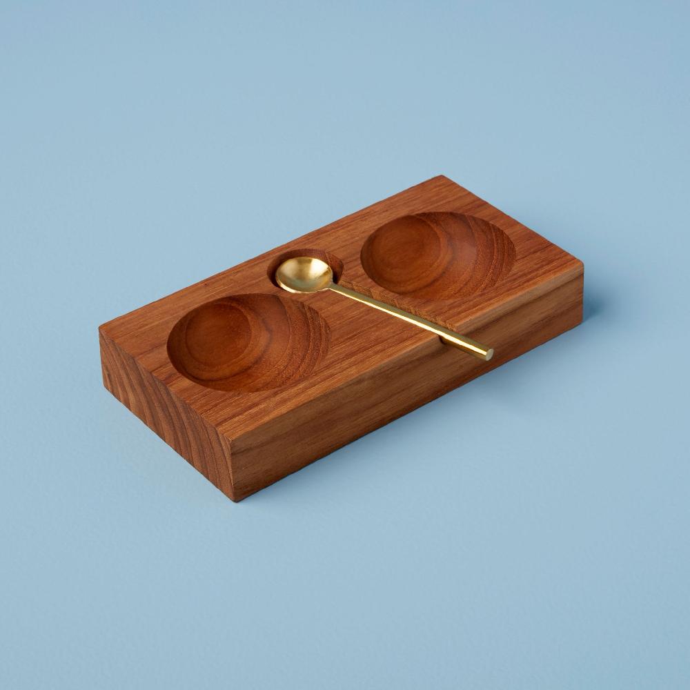 be home Teak Plank Salt & Pepper Cellar with Gold Spoon