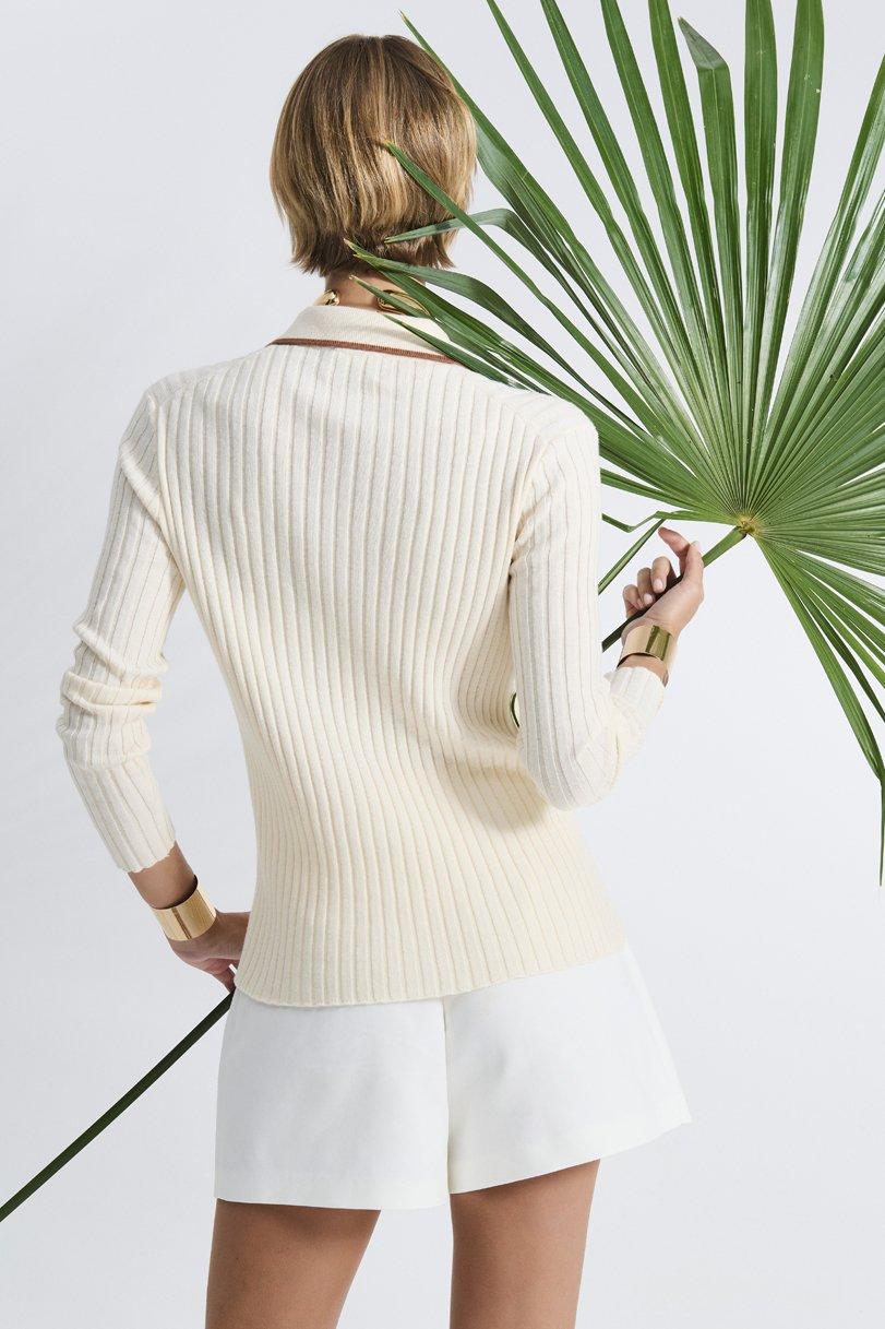 Be You By Geraldine Alasio CONTRAST DETAILS "BE THE SOLUTION" CARDIGAN With Polo Neck Butter/colonial