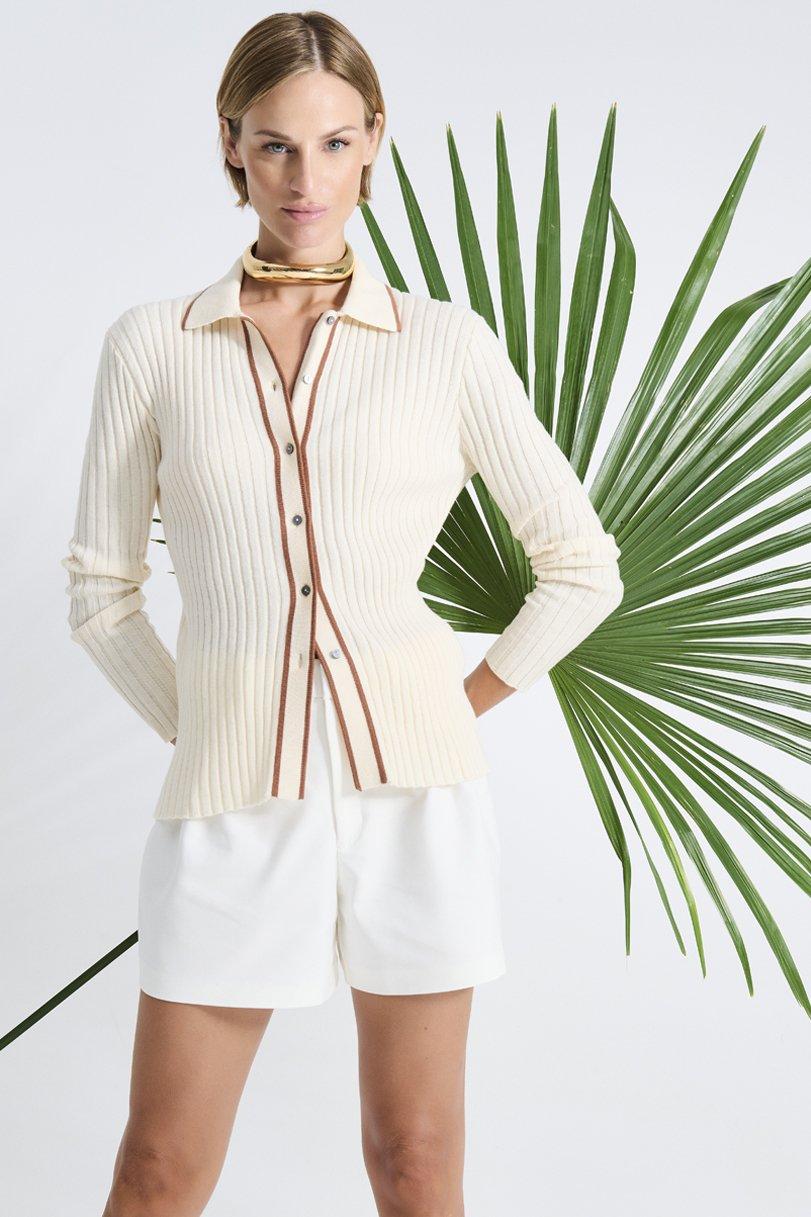 be you by geraldine alasio CONTRAST DETAILS "BE THE SOLUTION" CARDIGAN with polo neck butter/colonial