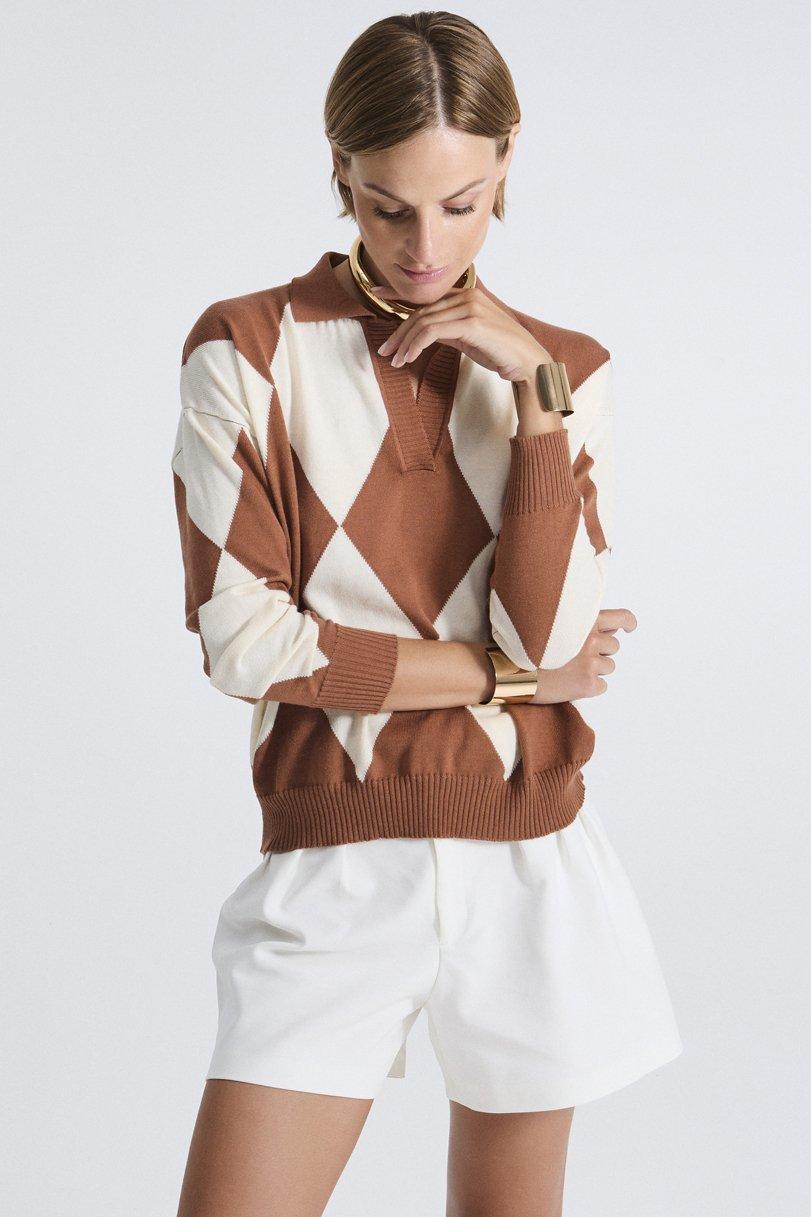 be you by geraldine alasio INTARSIA DIAMOND "BE THE LIGHT" POLO NECK colonial/butter