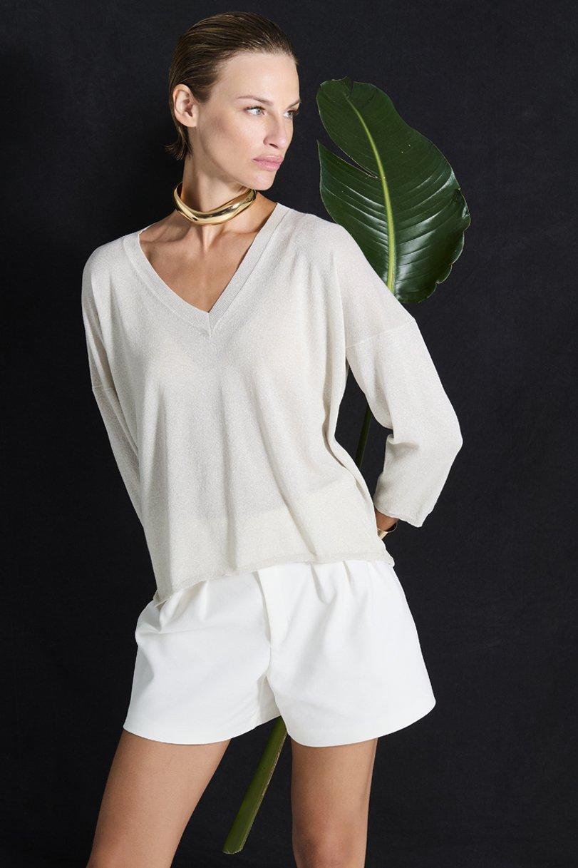 Be You By Geraldine Alasio SOLID SPARKLING "DON'T BE NOSTALGIC" V-NECK Colonial