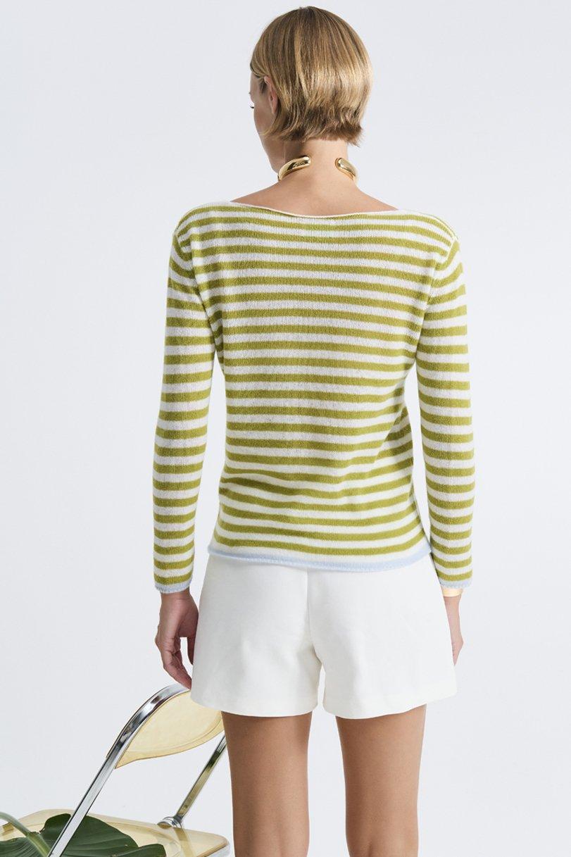 Be You By Geraldine Alasio STRIPED NUVOLA "BE SOLAR" V-NECK White/pistacho