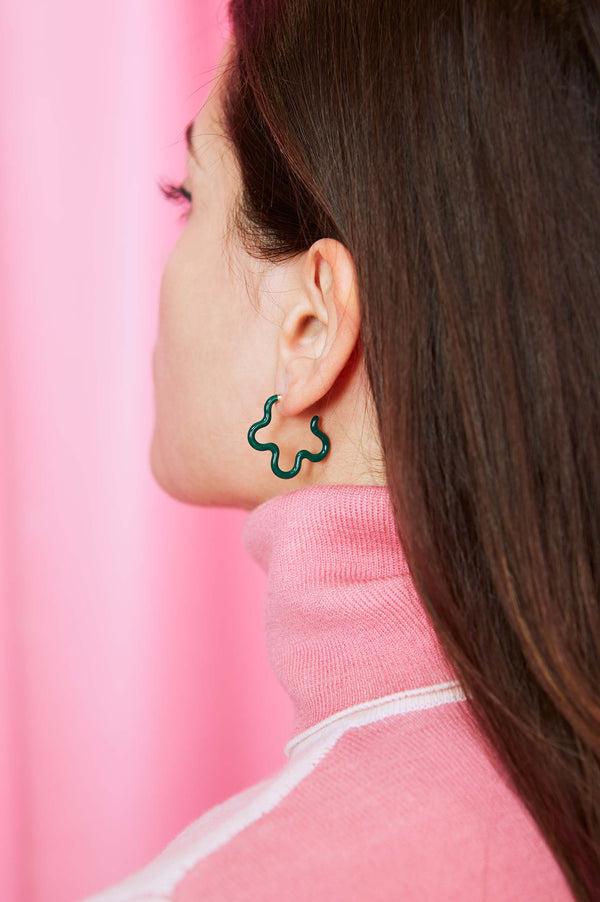Bea Bongiasca 2 TONE ASYMMETRICAL FLOWER POWER EARRINGS IN TEAL AND EMARALD GREEN