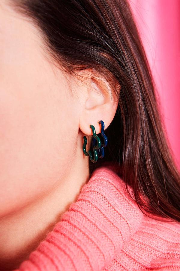 Bea Bongiasca 2 TONE ASYMMETRICAL FLOWER POWER EARRINGS IN TEAL AND EMARALD GREEN