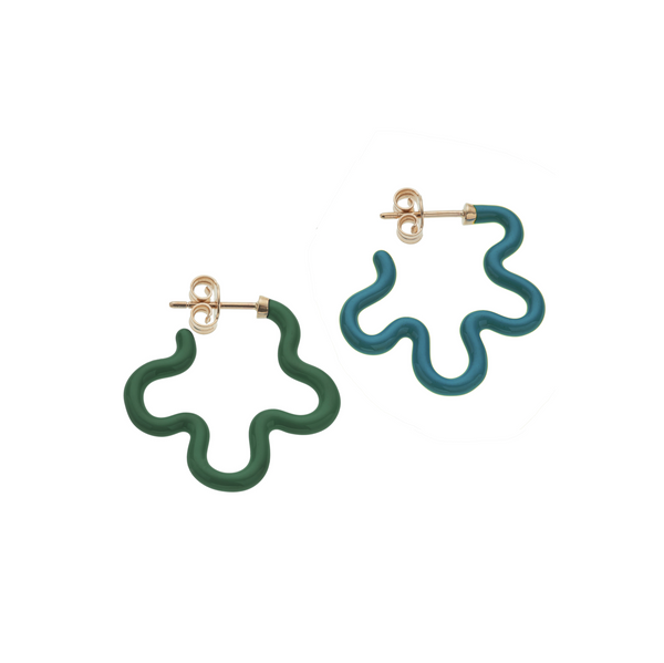 bea bongiasca 2 TONE ASYMMETRICAL FLOWER POWER EARRINGS IN TEAL AND EMARALD GREEN