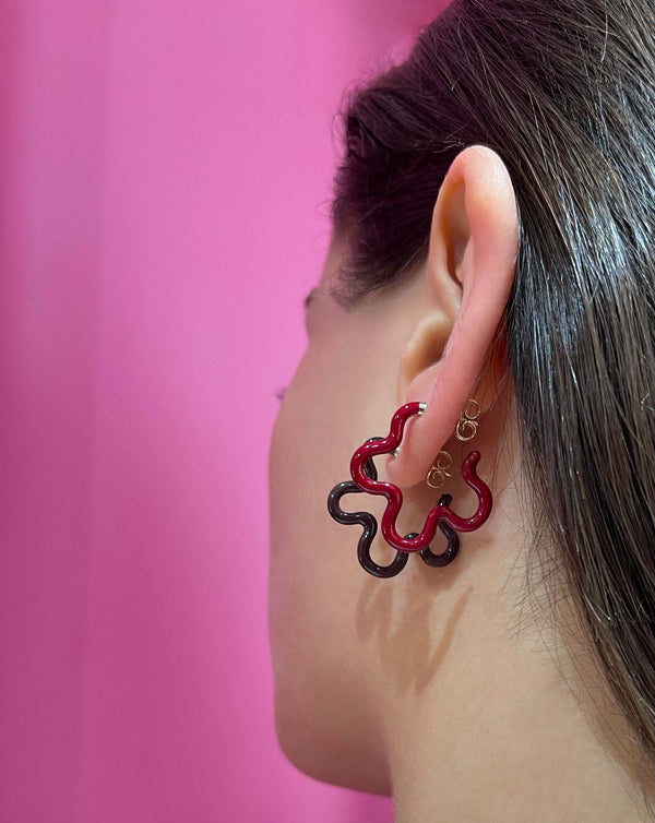 Bea Bongiasca 2 TONE FLOWER EARRINGS ~ IN BURGUNDY AND CHERRY CHOCOLATE