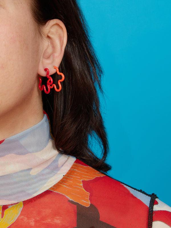 Bea Bongiasca 2 TONE FLOWER EARRINGS ~ IN RED AND JAPANESE ORANGE